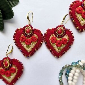Hand Embroidered Heart Earrings